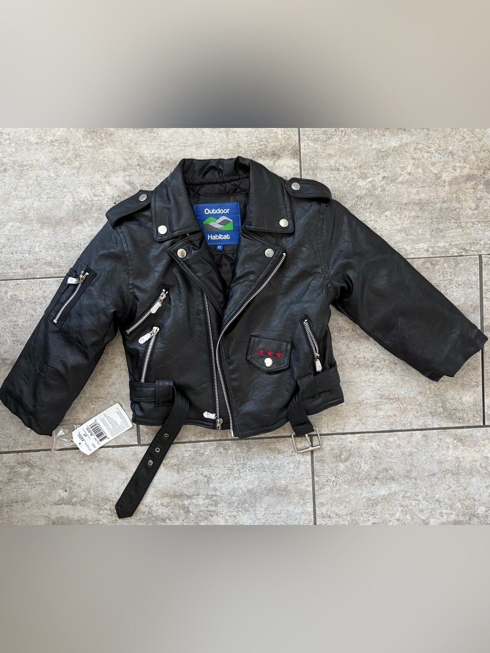 Kids Black Faux Leather Moto Jacket with Red Star Accent